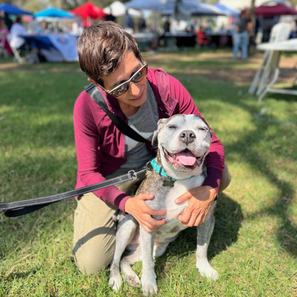 K9 Kismet Dog Tiger Lily with a volunteer at an event in the park